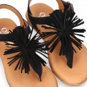 BLACK leather sandal shoes with POMPON design for girls.