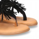 BLACK leather sandal shoes with POMPON design for girls.