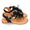 BLACK leather sandal shoes with POMPON design for girls.