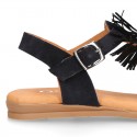 BLACK leather sandal shoes with POMPON design for girls.