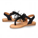 BLACK leather sandal shoes with POMPON design for girls.