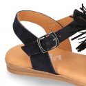 BLACK leather sandal shoes with POMPON design for girls.