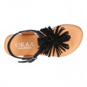 BLACK leather sandal shoes with POMPON design for girls.