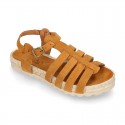 Suede leather T-strap sandal shoes espadrille style.