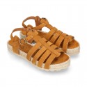 Suede leather T-strap sandal shoes espadrille style.