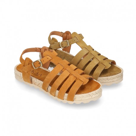 Suede leather T-strap sandal shoes espadrille style.
