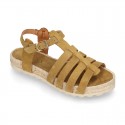 Suede leather T-strap sandal shoes espadrille style.