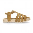 Suede leather T-strap sandal shoes espadrille style.