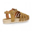 Suede leather T-strap sandal shoes espadrille style.
