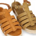 Suede leather T-strap sandal shoes espadrille style.