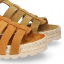 Suede leather T-strap sandal shoes espadrille style.