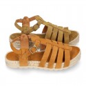 Suede leather T-strap sandal shoes espadrille style.