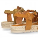 Suede leather T-strap sandal shoes espadrille style.