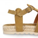 Suede leather T-strap sandal shoes espadrille style.