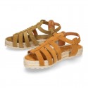 Suede leather T-strap sandal shoes espadrille style.