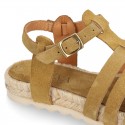 Suede leather T-strap sandal shoes espadrille style.