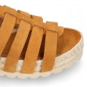 Suede leather T-strap sandal shoes espadrille style.