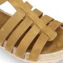 Suede leather T-strap sandal shoes espadrille style.