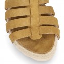 Suede leather T-strap sandal shoes espadrille style.