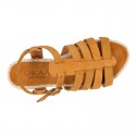 Suede leather T-strap sandal shoes espadrille style.