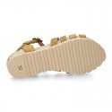 Suede leather T-strap sandal shoes espadrille style.