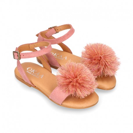 Suede leather girl sandal shoes with POMPON design in PINK color.