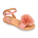 Suede leather girl sandal shoes with POMPON design in PINK color.