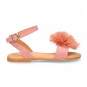 Suede leather girl sandal shoes with POMPON design in PINK color.