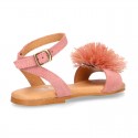 Suede leather girl sandal shoes with POMPON design in PINK color.