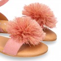 Suede leather girl sandal shoes with POMPON design in PINK color.