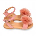 Suede leather girl sandal shoes with POMPON design in PINK color.