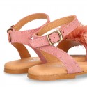 Suede leather girl sandal shoes with POMPON design in PINK color.
