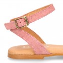 Suede leather girl sandal shoes with POMPON design in PINK color.