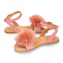 Suede leather girl sandal shoes with POMPON design in PINK color.