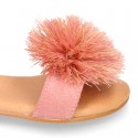 Suede leather girl sandal shoes with POMPON design in PINK color.