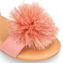 Suede leather girl sandal shoes with POMPON design in PINK color.