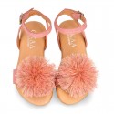 Suede leather girl sandal shoes with POMPON design in PINK color.