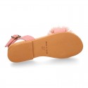 Suede leather girl sandal shoes with POMPON design in PINK color.