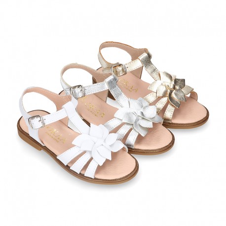 METAL and white Nappa leather Girl sandal shoes with FLOWER design.