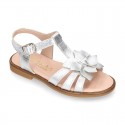 METAL and white Nappa leather Girl sandal shoes with FLOWER design.