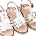 METAL and white Nappa leather Girl sandal shoes with FLOWER design.