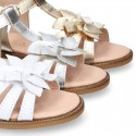 METAL and white Nappa leather Girl sandal shoes with FLOWER design.