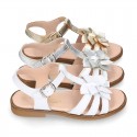 METAL and white Nappa leather Girl sandal shoes with FLOWER design.