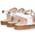 METAL and white Nappa leather Girl sandal shoes with FLOWER design.