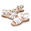 METAL and white Nappa leather Girl sandal shoes with FLOWER design.