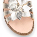 METAL and white Nappa leather Girl sandal shoes with FLOWER design.