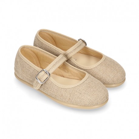 NATURAL LINEN Stylized little Girl Mary Jane shoes.