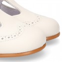 Nappa leather Little Classic T-Strap style shoes with perforated design.