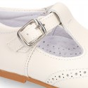 Nappa leather Little Classic T-Strap style shoes with perforated design.