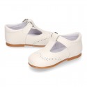 Nappa leather Little Classic T-Strap style shoes with perforated design.